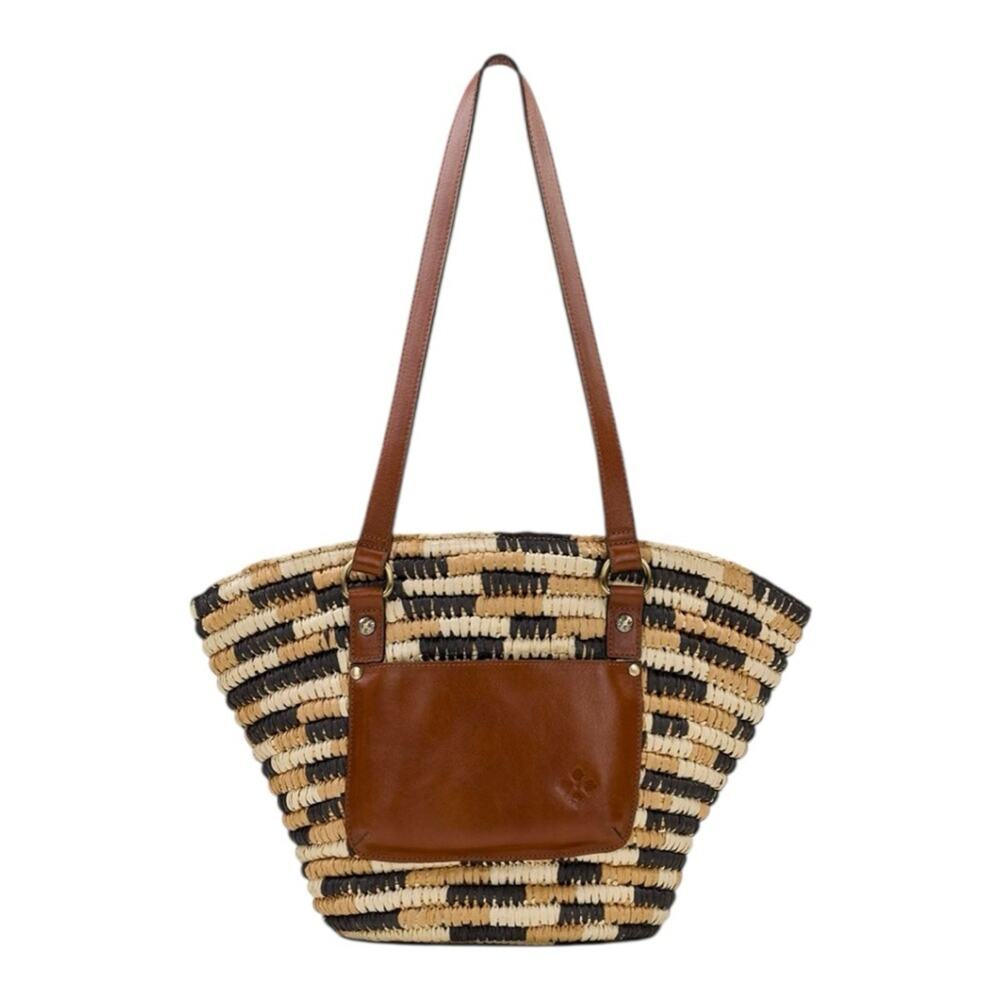 Patricia Nash Tinella Cream, Tan, Navy Blue Straw Tote Bag Purse New Boho